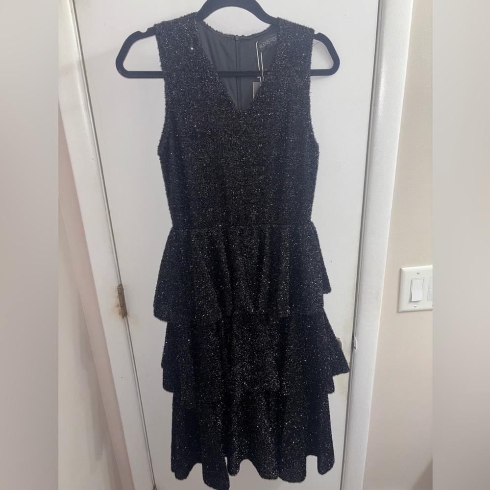 Alexis Roe Black Glitter Tiered Peplum Midi Dress